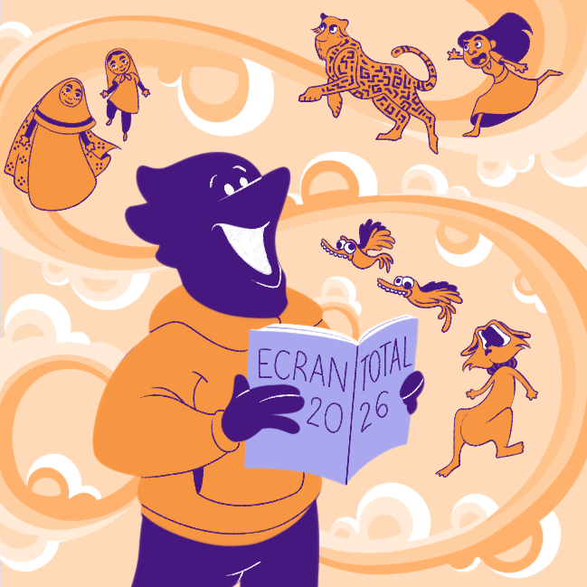 Comète, la mascotte des Intervalles, tenant le magazine Écran Total en main et s'émerveillant des personnages des projets qui semblent s'envoler des pages du magazine.