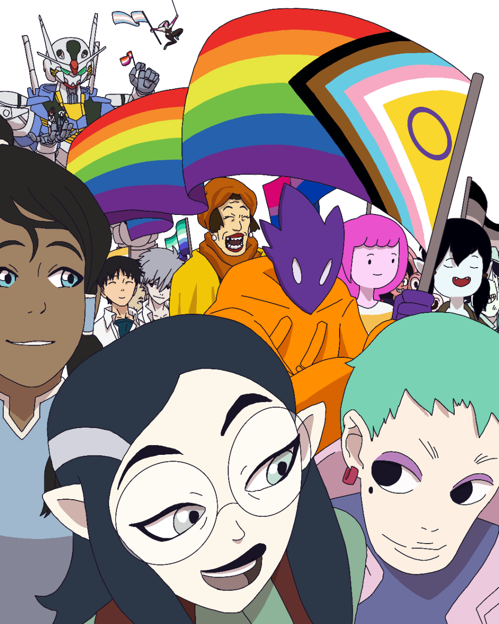 foule de personnages de séries et films d'animation LGBTQ+ paradant sous un drapeau queer tenu par la mascotte de l'association, Comète