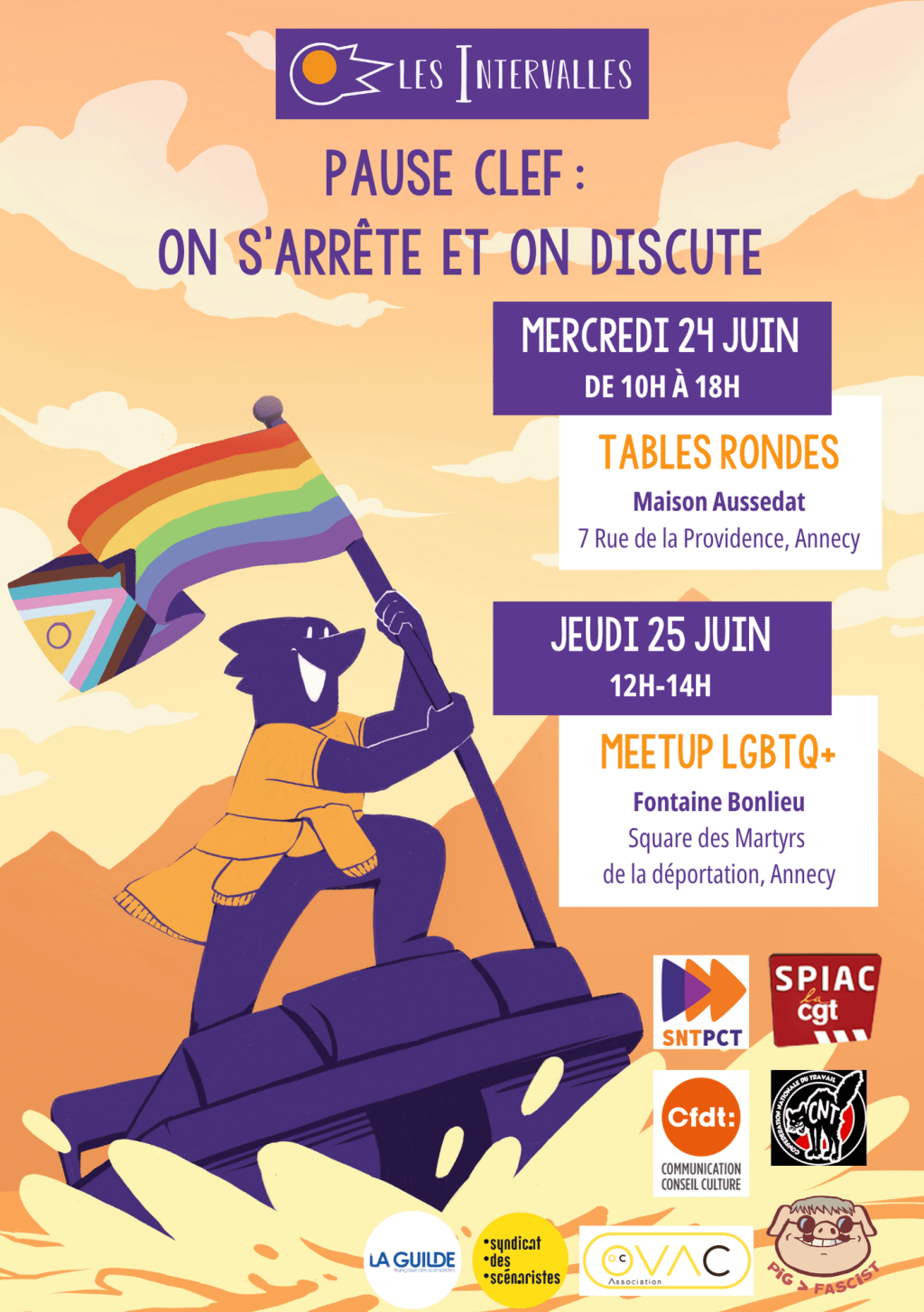 Pause clef : on s'arrête et on discute ! Mercredi 24 juin, de 10h à 18h : tables-rondes, à la maison Aussedat Jeudi 25 juin, de midi à 14h : meetup LGBTQ+, à la fontaine derrière Bonlieu